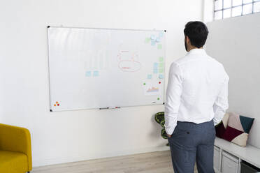 Businessman examining strategy on whiteboard while standing at work place - GIOF10880