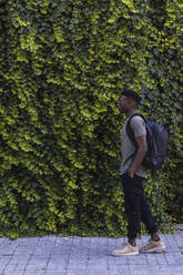 Junger Mann, der mit den Händen in den Taschen durch eine Hecke im Park geht - PNAF00587