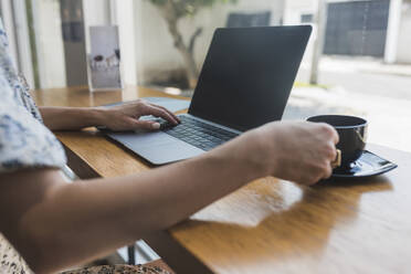 Hände einer Geschäftsfrau mit Kaffeetasse auf dem Tisch, die über einem Laptop in einem Café arbeitet - DSIF00285