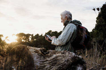 Älterer Mann sitzt auf einem Holzklotz und benutzt sein Smartphone bei Sonnenuntergang - AFVF08121