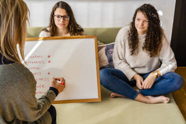 Mature therapist writing on slate while counseling female patients at work place - DLTSF01601