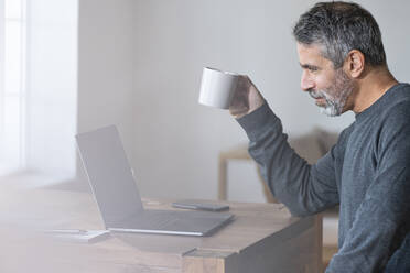 Geschäftsmann mit Kaffeetasse im Gespräch über Videoanruf durch Laptop, während er zu Hause sitzt - SBOF02597