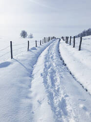 Fußspuren auf einer schneebedeckten Landstraße im Winter - GWF06845