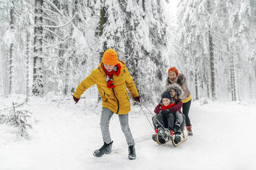 Familie spielt beim Schlittenfahren auf Schnee im Wald - OGF00823