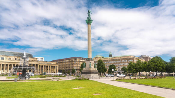 Germany, Baden-Wurttemberg, Stuttgart, Clouds over Schlossplatz with Jubilaumssaule in foreground - TAMF02832