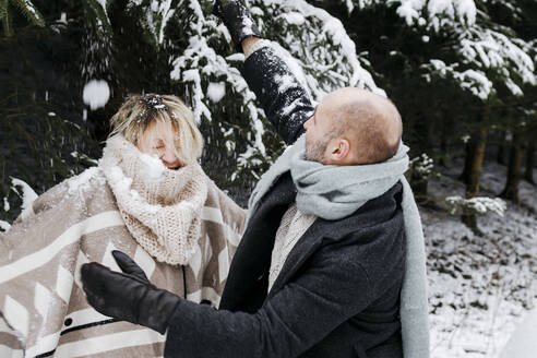 Älteres Paar mit warmer Kleidung, die Spaß im Schnee von Kiefern während der Ferien - KMKF01522