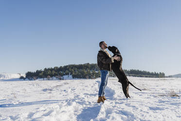 Playful Great Dane dog leaning on man while standing in snow against clear blue sky - EBBF02403