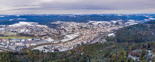 Drone panorama of town in Remstal valley during winter - STSF02801