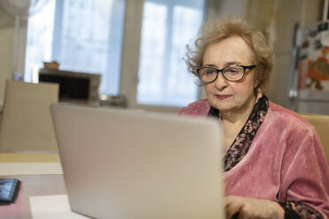 Ältere Frau mit Brille benutzt Laptop im Wohnzimmer - VGF00339