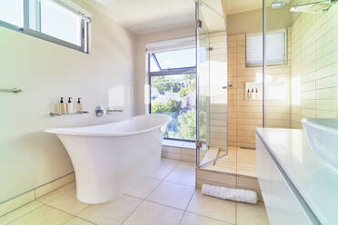 Modern home showcase interior bathroom with white soaking tub - CAIF30297