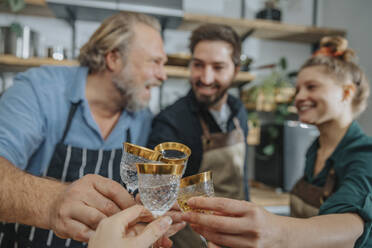 Chefs toasting drinks with woman while standing in kitchen - MFF07021