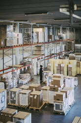 Businesswoman analyzing box containers in warehouse - MASF21484