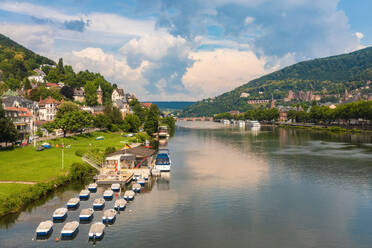 Deutschland, Baden-Württemberg, Heidelberg, Tretboote vor den Häusern der Neuenheimer Vorstadt mit der Altstadt im Hintergrund - TAMF02901