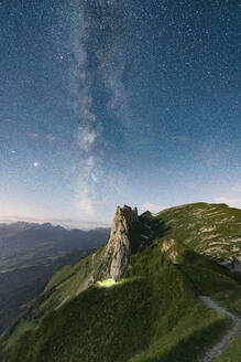 Milchstrasse am Sternenhimmel über der Saxer Lucke, Luftaufnahme, Kanton Appenzell, Alpsteinkette, Schweiz, Europa - RHPLF19072