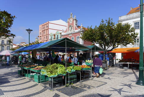 Obst- und Gemüsestand, Bauernmarkt, hinter dem ehemaligen Rathaus, Platz der Republik, Caldas da Rainha, Estremadura, Portugal, Europa - RHPLF19133