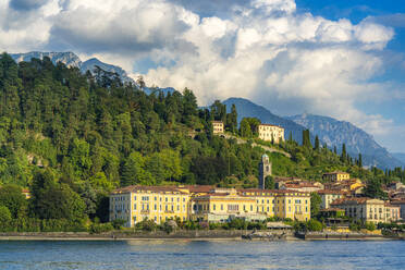 Historical buildings and hotels in the old town of Bellagio seen from ferry boat, Lake Como, Como province, Lombardy, Italian Lakes, Italy, Europe - RHPLF19136