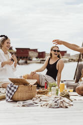 Fröhliche Freunde verbringen ihre Freizeit am Meer im Hafen - MASF21780