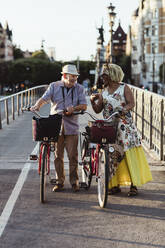 Senior couple with bicycle on bridge during weekend - MASF21864
