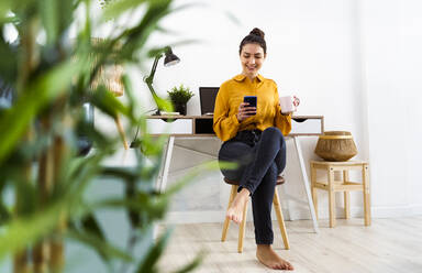 Junge Frau trinkt einen Kaffee und benutzt dabei ein Mobiltelefon, während sie zu Hause sitzt - GIOF11017