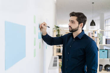 Junger Geschäftsmann schreibt Strategien auf Haftnotizen an der Wand im Büro - GIOF11094