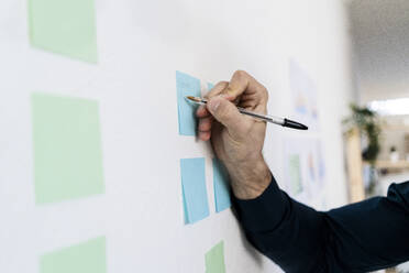 Männlicher Unternehmer plant Strategien auf Notizen an der Wand im Büro - GIOF11095