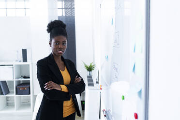 Confident Afro female entrepreneur standing with arms crossed by whiteboard in office - GIOF11133