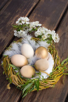 Goldbemalte Eier im Nest, auf dem Holztisch zur Feier des Tages - CAVF92522