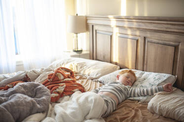 Kleinkind Junge 3-4 Jahre alt schlafend in unordentlichen Eltern Bett in ziemlich Licht - CAVF92546