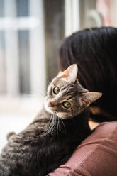 Woman holding a cat that looks at camera on her arms near window - CAVF92557