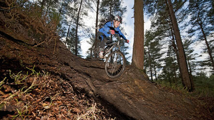 Mann auf Mountainbike in den Hügeln von Surrey / England - CAVF92646