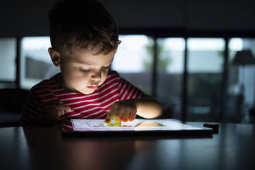 Boy using digital tablet at home - IFRF00377
