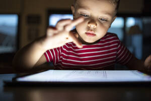 Cute boy using digital tablet at home - IFRF00379