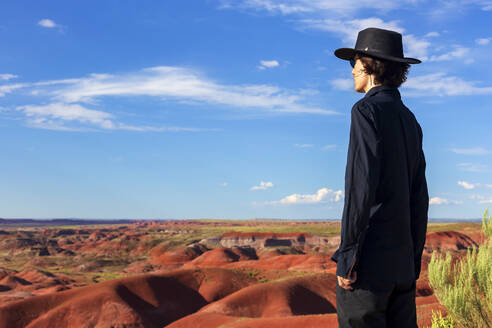 Älterer Tourist im Petrified Forest National Park gegen den Himmel, Arizona, USA - NDF01236