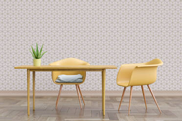 Three dimensional render of two chairs standing by simple table with wall covered in geometric cube wallpaper - ECF01994