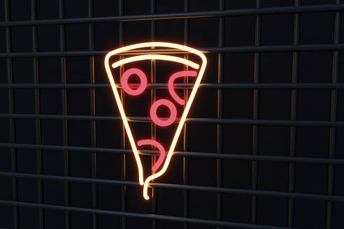 Illuminated pizza sign on black metal grate - NMCF00010