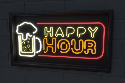 Illuminated beer glass with happy hour text on black wall - NMCF00013