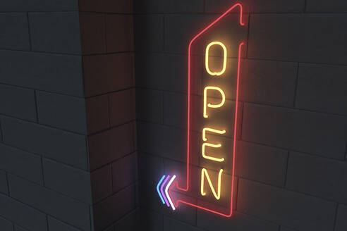 Illuminated open sign on black brick wall - NMCF00014