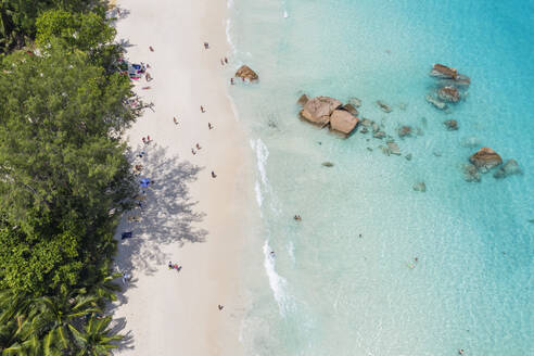 Seychelles, Praslin Island, Aerial view of Anse Lazio sandy beach with crystal clear turquoise ocean - RUEF03159