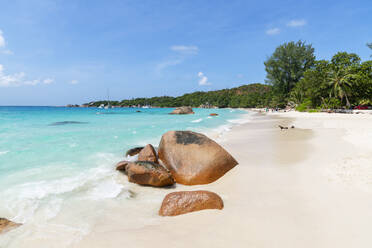 Seychellen, Insel Praslin, Anse Lazio Sandstrand mit kristallklarem, türkisfarbenem Meer - RUEF03180