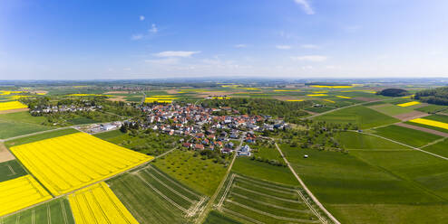 Germany, Hesse, Munzenberg, Helicopter panorama of countryside village and surrounding fields in summer - AMF09093