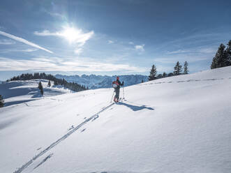 Man with ski pole exploring at Karkopf, Lattengeburge, Berchtesgadenerland; Germany - HAMF00811