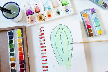 Kaktus mit Aquarellfarben auf Spiralheft gemalt - GEMF04652