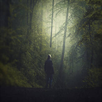 Deutschland, Wuppertal, Mann im nebligen Wald - DWIF01166