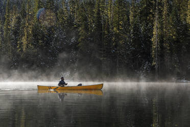 Man in a canoe on a foggy lake on sunny day surrounded by trees - CAVF93146