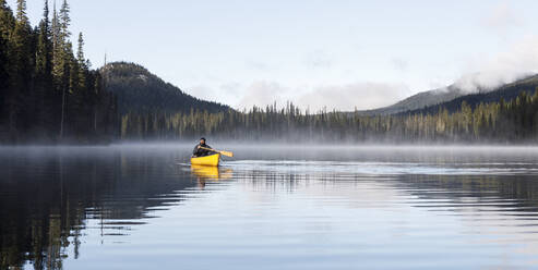 Aufrichtiger bärtiger Mann paddelt Kanu auf ruhigem nebligem See zwischen Bäumen und Himmel - CAVF93148