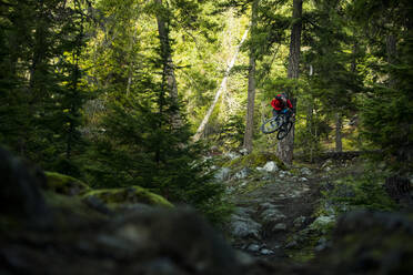 Mountain Biker jumping down mossy pnw trail in Washington - CAVF93289