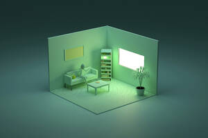 Dreidimensionales Rendering von grün gefärbten Ecke des Wohnzimmers mit Frau auf dem Sofa sitzen - SPCF01211