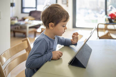 Boy learning through digital tablet at home - IFRF00405