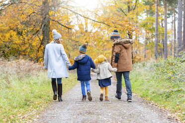 Eltern halten die Hände ihrer Kinder beim Spaziergang auf einem Waldweg - WPEF04071