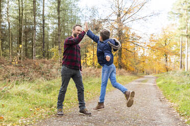 Sohn springt, während er seinem Vater im Wald stehend 